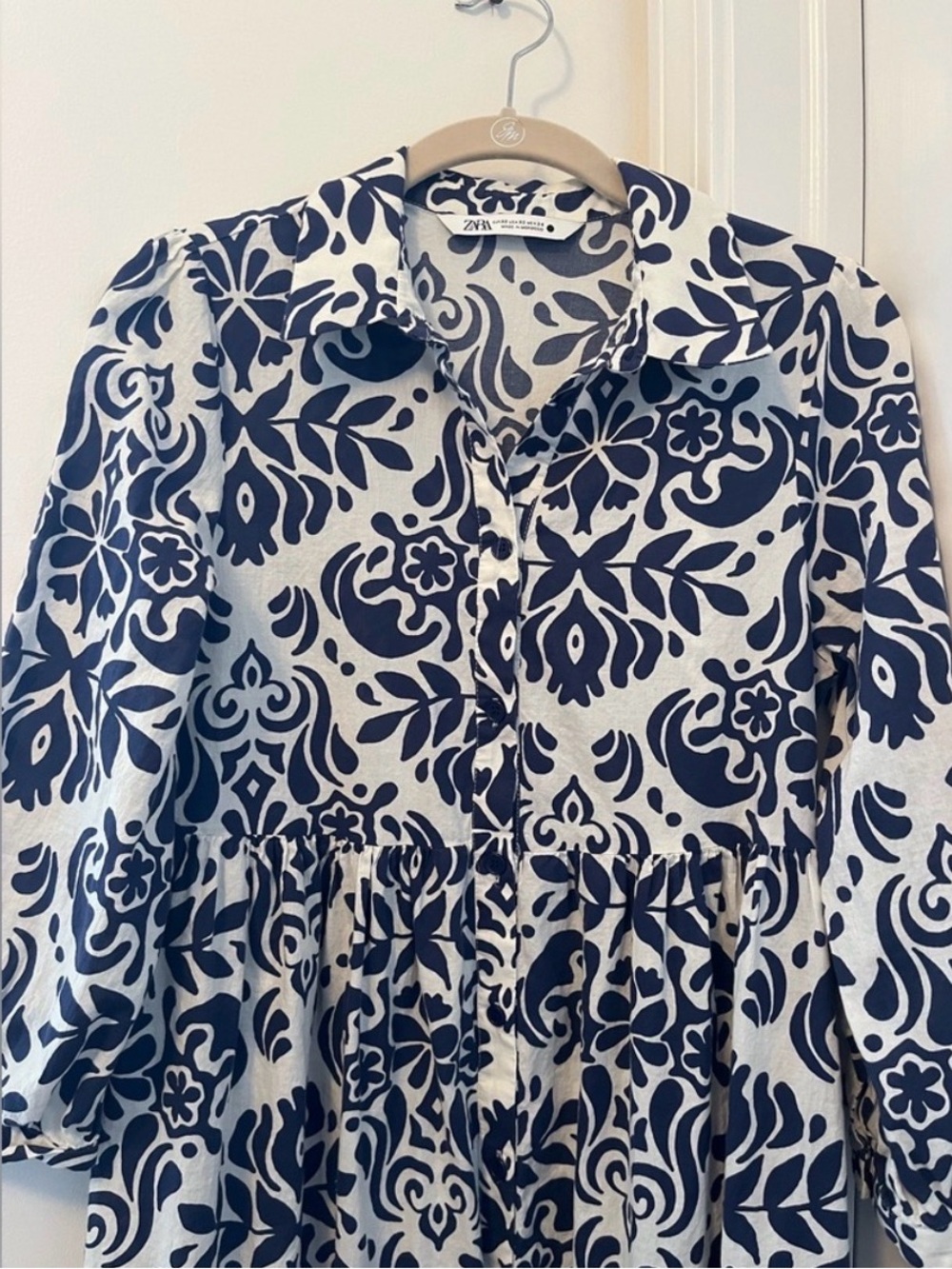 Zara Navy and White Printed Midi Dress